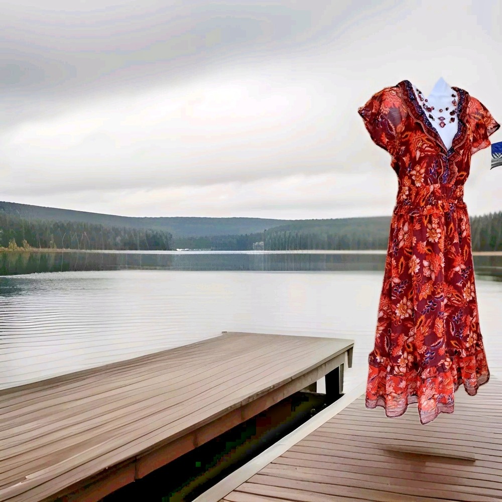 Old Navy Maxi Dress L Brown Burnt Orange Floral Waist Defy Ruffled Boho Peasant
